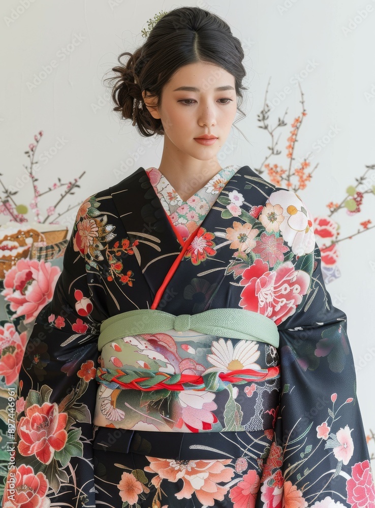 A woman wearing a kimono with a floral pattern A woman wearing a kimono with a floral pattern
