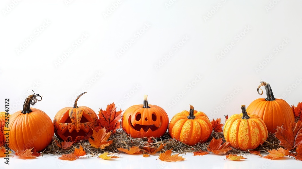 Halloween Themed Pumpkin Arrangement With Autumn Leaves On Hay Halloween Themed Pumpkin Arrangement With Autumn Leaves On Hay