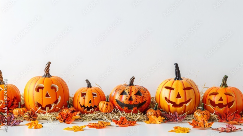 Halloween Themed Pumpkin Arrangement With Autumn Leaves On Hay Halloween Themed Pumpkin Arrangement With Autumn Leaves On Hay