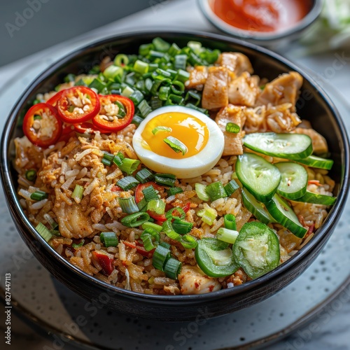 a bowl of indonesian fried rice served with eggs, infused with tradional herbs and spices