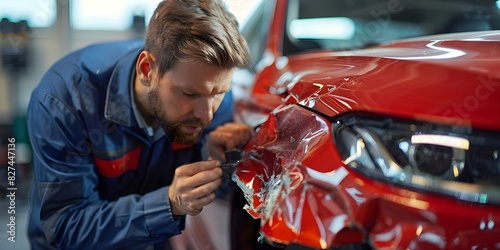 Auto body repair specialist diligently fixes dented car fenders for flawless restoration. Concept Auto body repair, Dented fenders, Restoration, Flawless finish, Specialist work photo