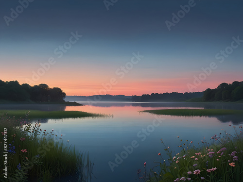 Discover Tranquility Stunning Landscape with Calm Lake, Emerald Hills, and Pastel Skies