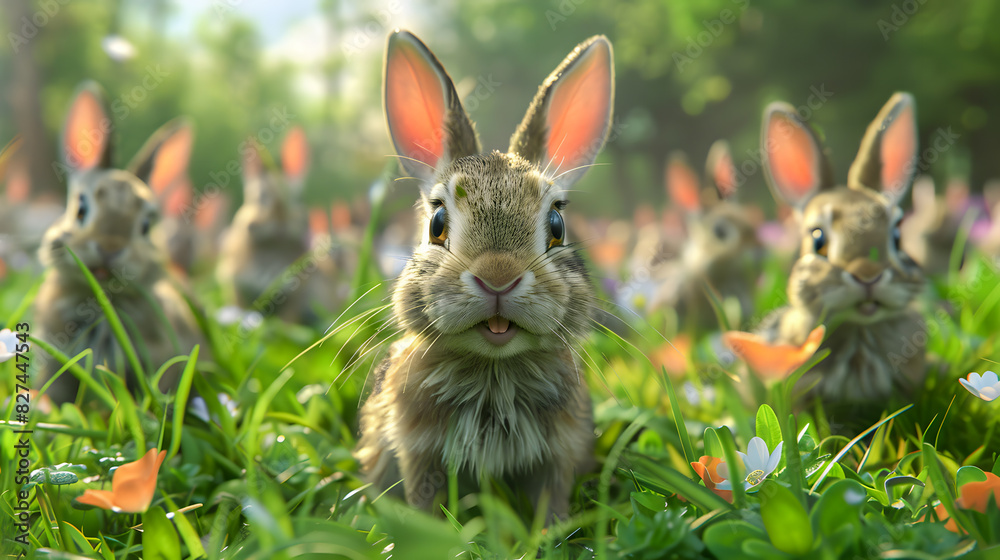 Fototapeta premium Easter bunny and easter eggs on green grass with flowers