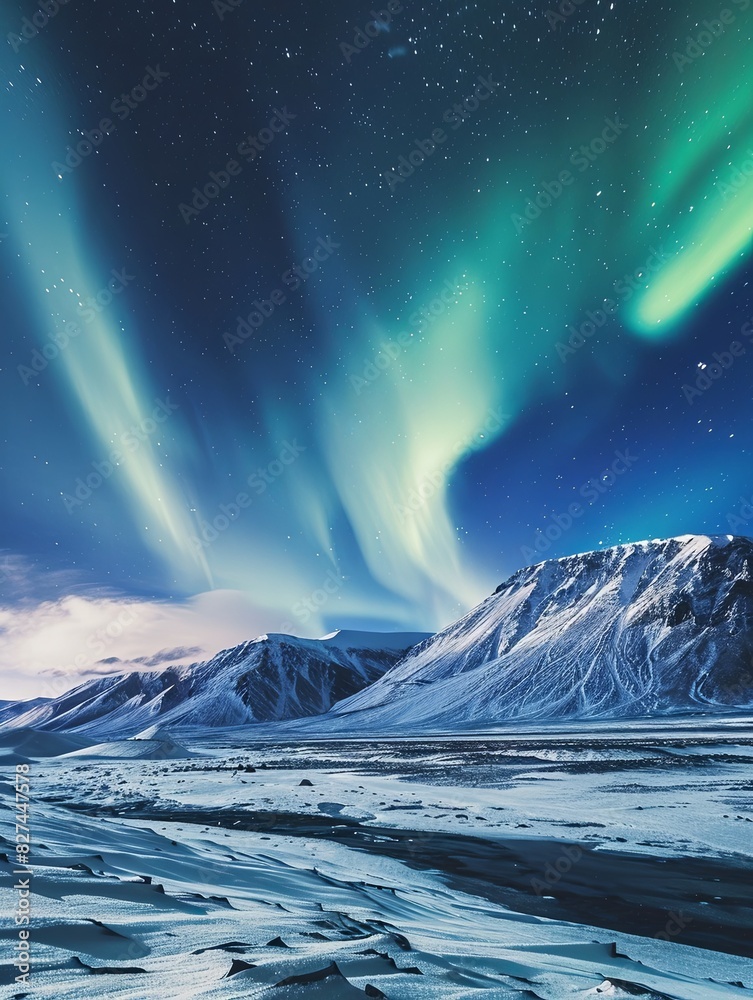 The Aurora Borealis shines brightly in the night sky, casting a colorful glow over snowy mountains. Generative AI The Aurora Borealis shines brightly in the night sky, casting a colorful glow over snowy mountains. Generative AI