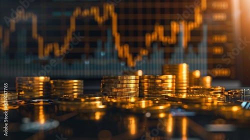 Stacked gold coins reflecting on a table with a financial stock market graph in the background.