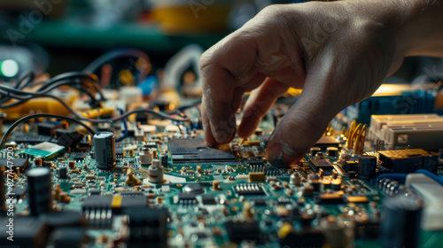 Close-up of hands precisely repairing an electronic circuit board, showcasing technology repair skills. © Thinnawat