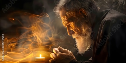 Elderly priest in prayer hands folded candle beside him deep in devotion. Concept Prayer, Devotion, Elderly Priest, Candle, Spiritual Practice