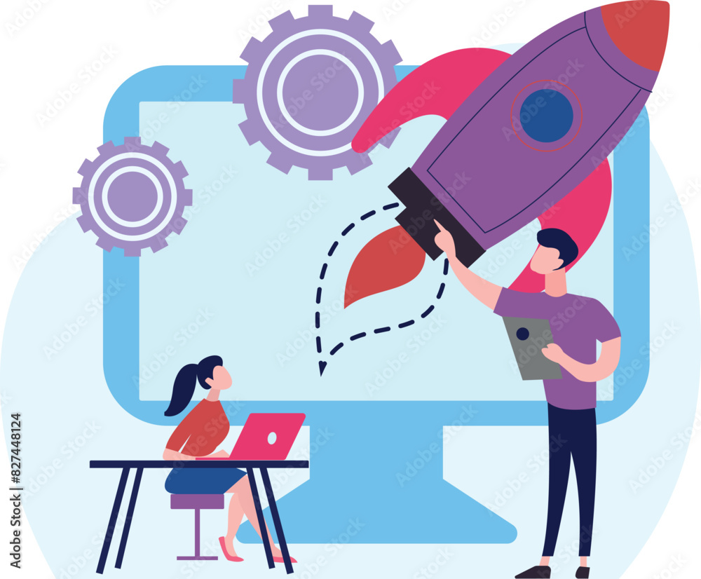 Boy and girl working on startup management. Boy and girl working on startup management.