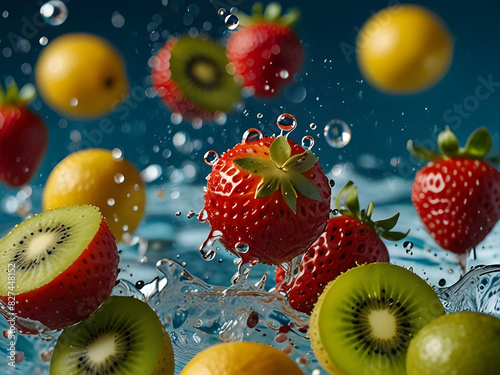 Dynamic Fruit Splash High-Speed Photography of Fresh Strawberries, Lemons, and Kiwi in Clear Water