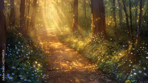 Forest Trail at Dawn   beauty of a forest trail at dawn. The soft  golden sunlight filters through the dense canopy  creating intricate patterns of light and shadow on the forest 