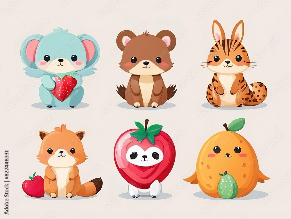 Set of cute cartoon animals Collection of wild and farm character designs, fruits, food, hearts.vector Illustration.Separate background Set of cute cartoon animals Collection of wild and farm character designs, fruits, food, hearts.vector Illustration.Separate background