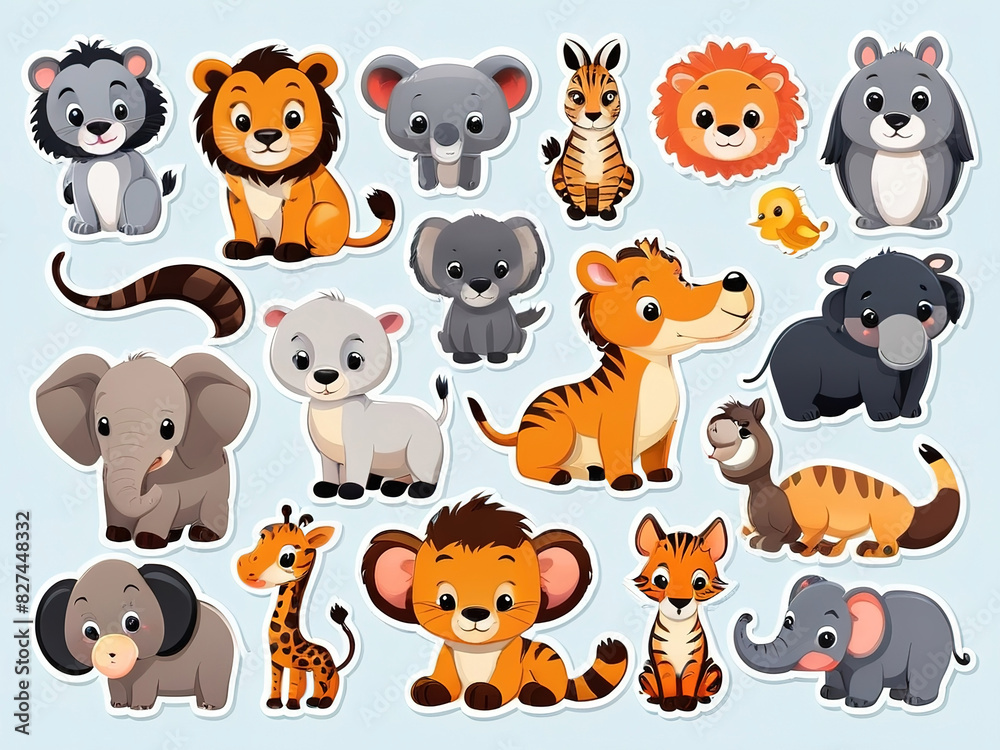 Obraz premium Cute forest animal collection sticker set for kids. Vector illustration collection. Flat, isolated, white background.