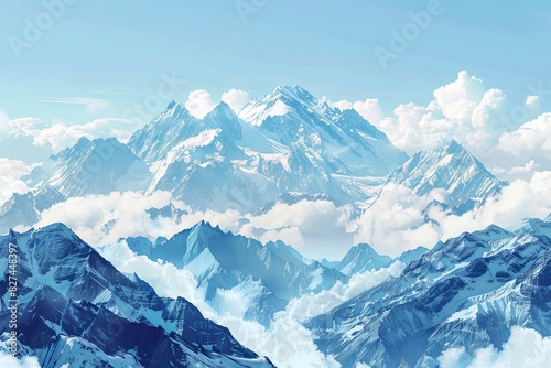 A painting showcasing a grand mountain range under a sky filled with clouds. Generative AI