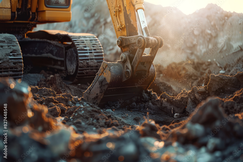 Fototapeta premium Yellow excavator on construction site, selective focus with space for text or inscriptions