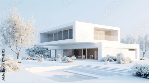 A modern minimalist white house surrounded by snowy landscape, depicting a serene winter scene. © Thinnawat