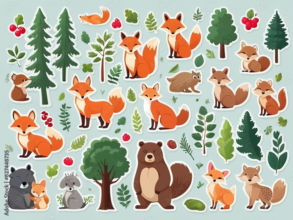 Fototapeta premium Stickers with wild animals in the forest, Green trees for children. Collection of vector illustrations, flat icons, isolated on blue background.