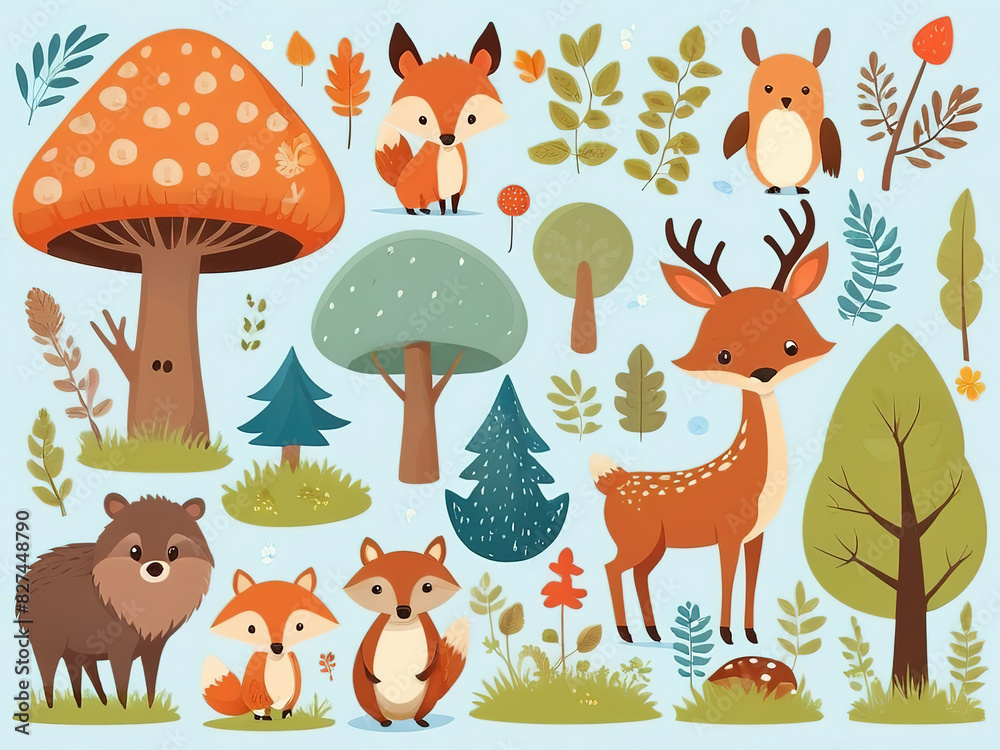 Naklejka premium Stickers with wild animals in the forest, cute set. Green trees for children. Collection of vector illustrations, flat icons, isolated background.