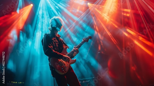 An electric guitarist performing a solo on stage with vibrant stage lights casting dramatic shadows, blacklight effect