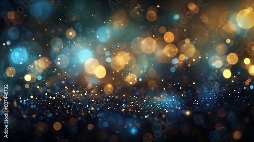 Luminous abstract background with a blend of blue, gold, and black glitter lights, forming a softly blurred banner.