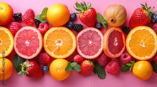 A colorful assortment of fruits including oranges  strawberries  blueberries  and raspberries. Concept of freshness and abundance  with the vibrant colors of the fruits creating a lively