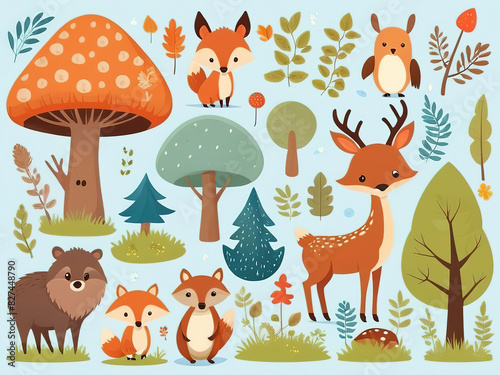 Stickers with wild animals in the forest, cute set. Green trees for children. Collection of vector illustrations, flat icons, isolated  background.