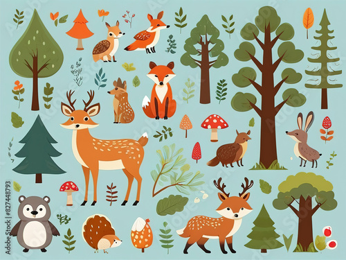 Stickers with wild animals in the forest, cute set. Green trees for children. Collection of vector illustrations, flat icons, isolated on blue background.