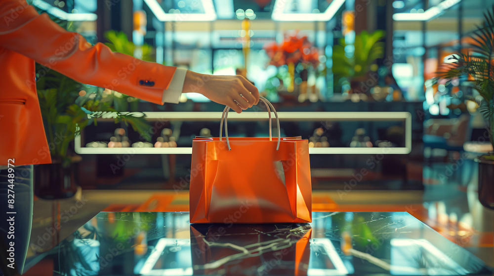 Obraz premium hand holding shopping bags, paper bag, gift bag