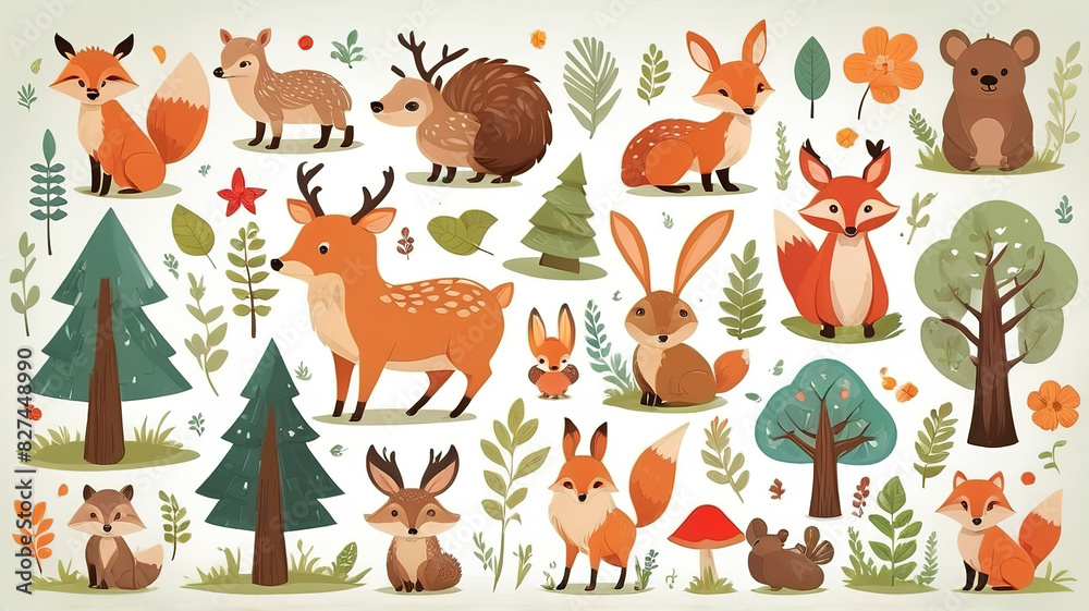 Stickers with wild animals in the forest, cute set. Green trees. Collection of vector illustrations, flat icons, isolated on white background. Stickers with wild animals in the forest, cute set. Green trees. Collection of vector illustrations, flat icons, isolated on white background.