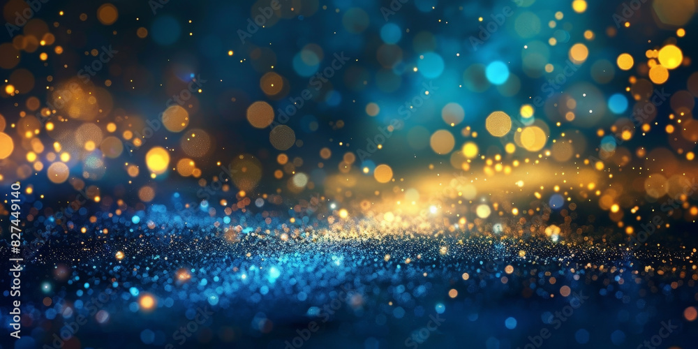 blue gold bokeh, Golden light shine particles bokeh on blue background. . Abstract blue background with Dark blue and gold particle.Christmas banner
