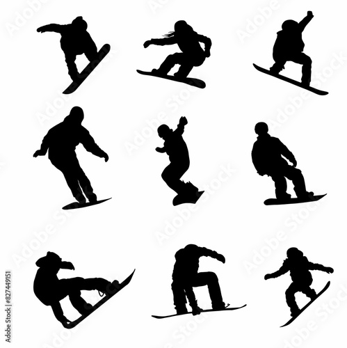 set silhouettes of snowboarder. Snowboard sport set. Isolated on white background.