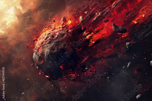 Apocalyptic meteor impact scene with cosmic event and planetary destruction in a science fiction fantasy drama movie depicting the fiery collision, explosion, and chaos in outer space photo