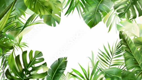 Tropical leaves frame the background with space for text. The background is white with a watercolor illustration style.