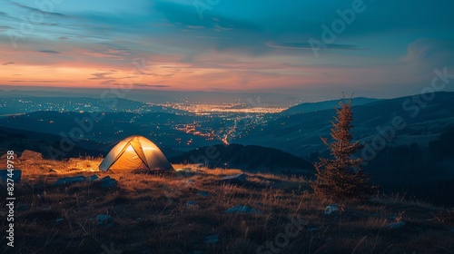 Camping tent illuminated by the glow of its lantern  set on top of an open grassy hill 