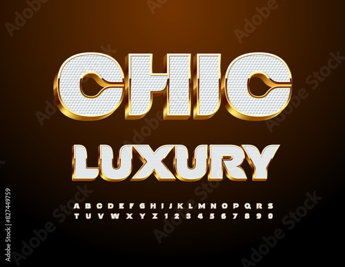 Vector Chic Luxury Font. Unique White and Golden 3D Alphabet Letters and Numbers set. 