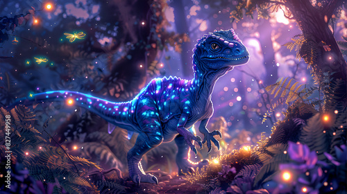 Curiosity in the Forest: A Realistic Depiction of a Small Blue Dinosaur photo