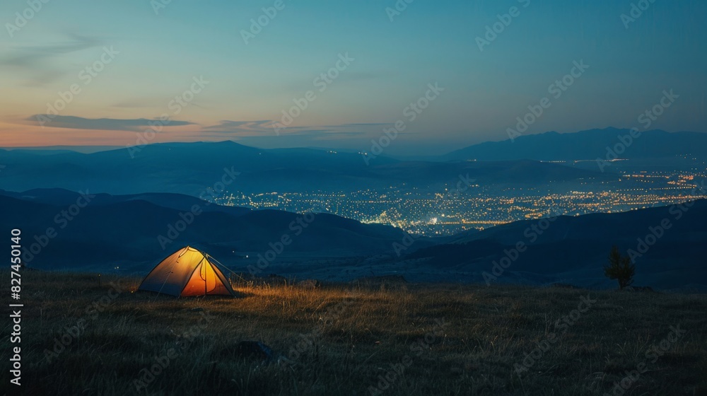 Camping tent illuminated by the glow of its lantern, set on top of an open grassy hill 