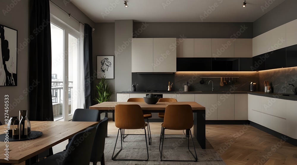 Fototapeta premium Stylish apartment interior with modern kitchen. Idea for home design.
