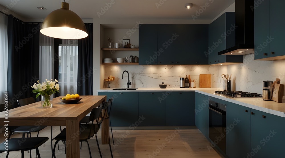 Fototapeta premium Stylish apartment interior with modern kitchen. Idea for home design.