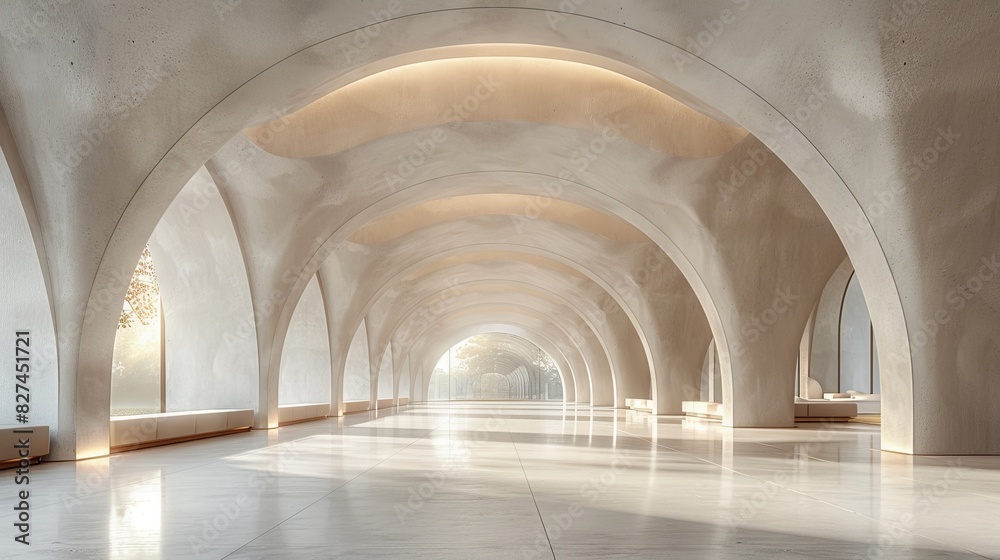 Photo of a empty white corridor under arches with a marble floor