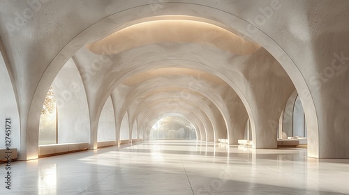 Photo of a empty white corridor under arches with a marble floor