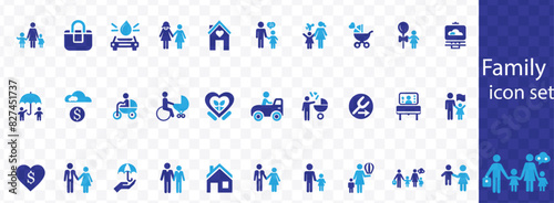 Family icon set. Containing parents, mother, father, children, baby, grandparents and household icons. Solid icon collection. Vector illustration.