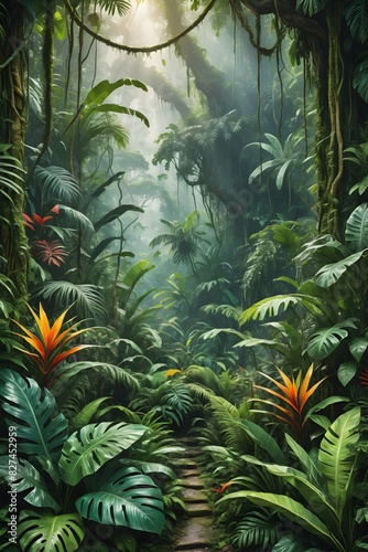 A lush green tree in a tropical jungle landscape 2x3