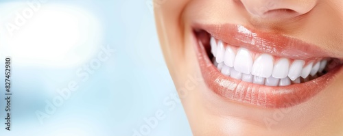 Banner with beautiful woman smile with copyspace. Shallow depth of field. 