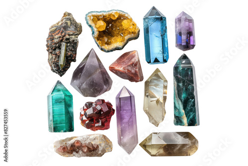 A variety of healing crystals suspended in mid-air, showcasing their ethereal beauty and healing energy, Isolated on white background photo