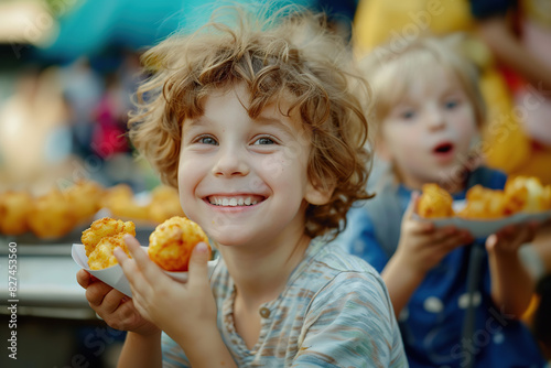 Nice little boy with curly hair eating a sweetcorn fritter and smiling. Corn Fritters Day