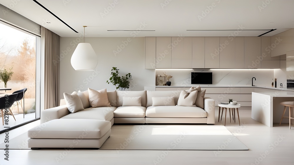 Clean lines, sleek furnishings, and a neutral color scheme characterize this modern minimalist home interior design, which has an open concept living area that is connected to a large kitchen that is Clean lines, sleek furnishings, and a neutral color scheme characterize this modern minimalist home interior design, which has an open concept living area that is connected to a large kitchen that is