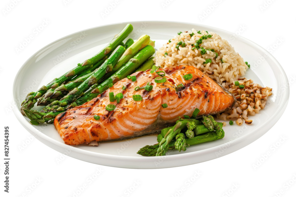 A tempting dinner plate filled with grilled salmon, roasted asparagus, and brown rice, isolated on a white background. A tempting dinner plate filled with grilled salmon, roasted asparagus, and brown rice, isolated on a white background.