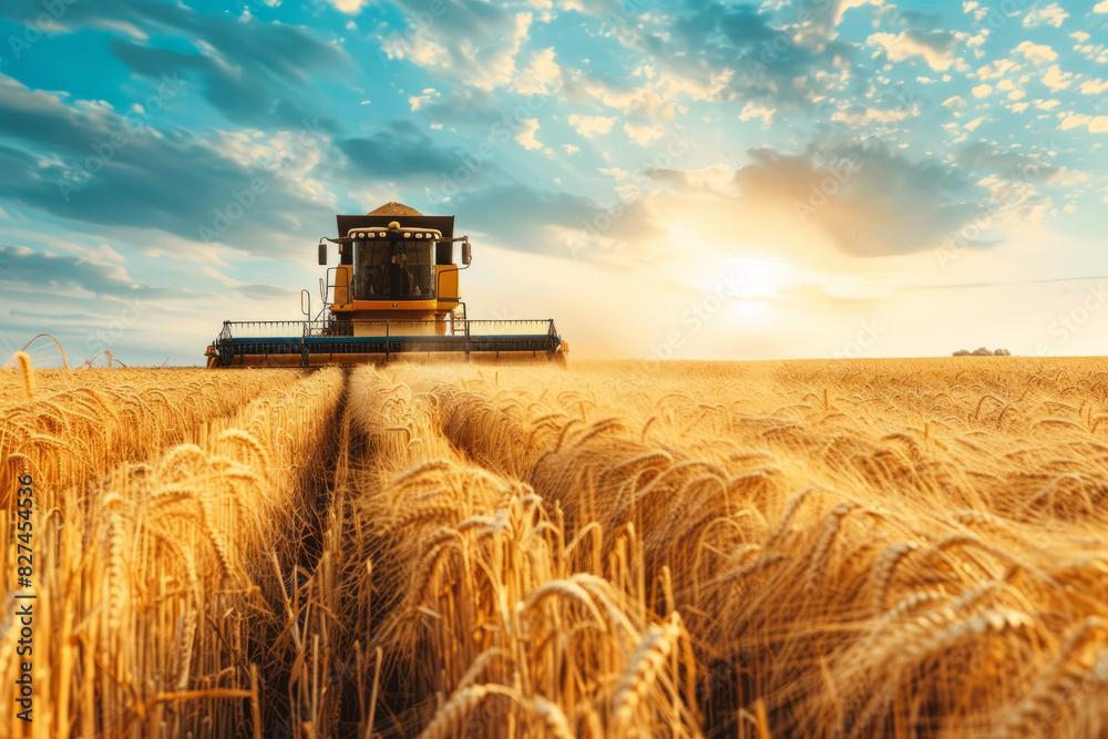 Obraz premium Yellow combine harvester mowing ripe grain in a field with space for text or inscriptions 