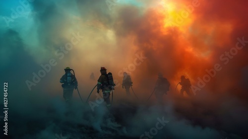 Smoke-Enshrouded Firefighter Background. 4K HD Wallpaper Depicting Firefighting Scene. © Da