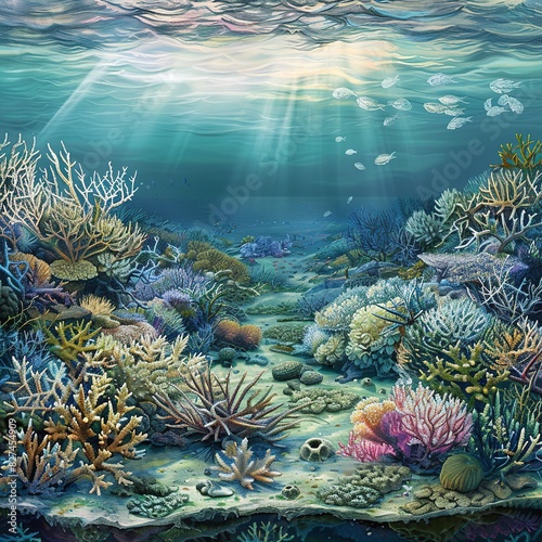 Coral Reef Ecosystem Under Threat  Description  An underwater scene depicting a vibrant coral reef and areas affected by coral bleaching  with sunlight filtering through the water.